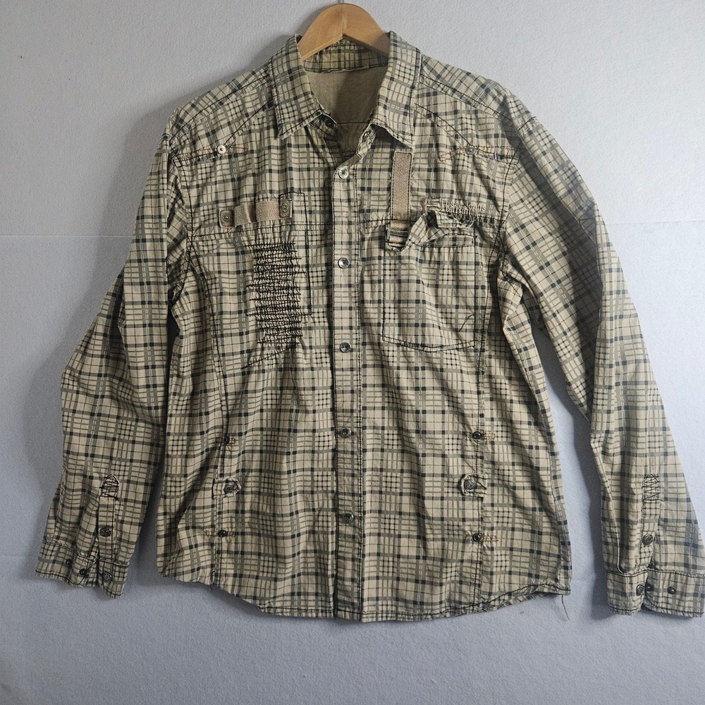 F.U.S.A.I. Focus USA Mens XL Plaid Button Down Shirt Y2K Cyber Grunge Utility